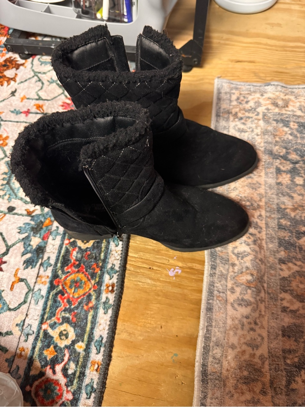 Avon Black Quilted Faux-Suede Ankle Boots with Faux-Fur Trim